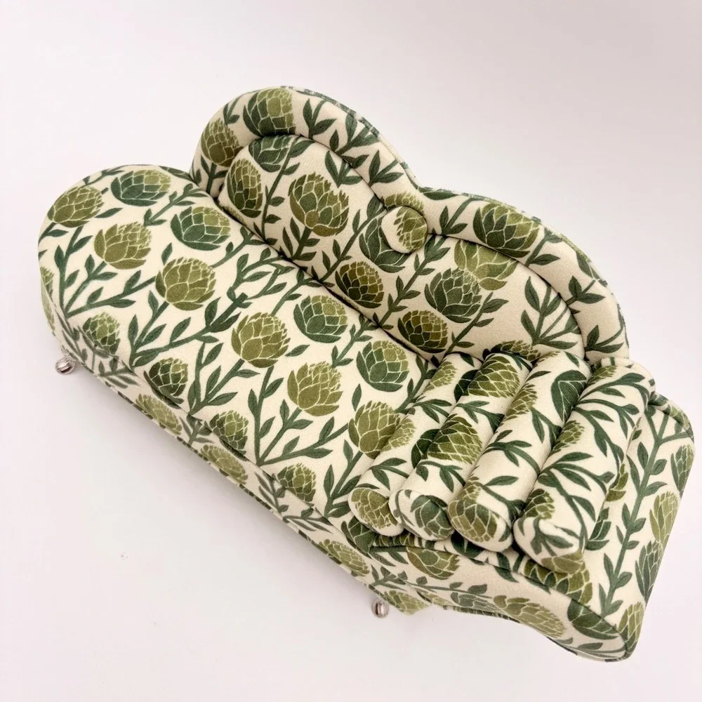 Vintage Style Mini Chaise Lounge Jewelry Box Green Artichoke Botanical Print